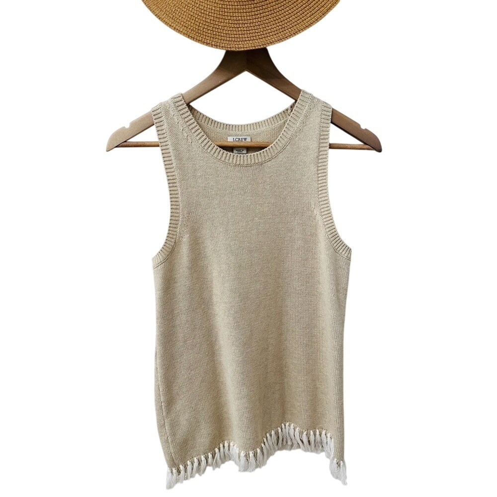 J.Crew Beige Sleeveless Knit Sweater‎ Top with Fringe Details sz XS Transitional